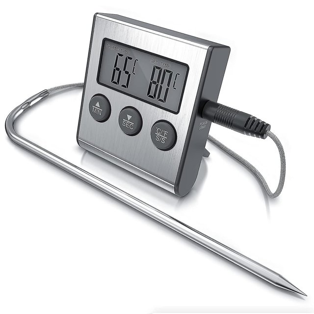 Termómetro digital para parrilla con sonda de acero inoxidable - 2 modos - Temperatura con señal de alarma - Temporizador 0-99:59 min. - Rango de medición -26 - 250c - Carne