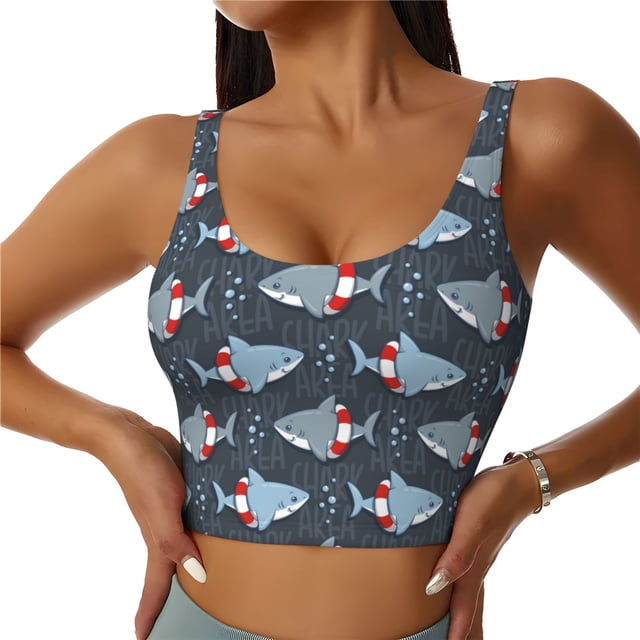 Fotbe Shark Wearing Swim Ring Sujetador Deportivo Largo sin Aros para Mujer con Almohadillas y Soporte Medio, Transpirable y Absorbente, Camiseta Tipo Chaleco o Tank Top-Large