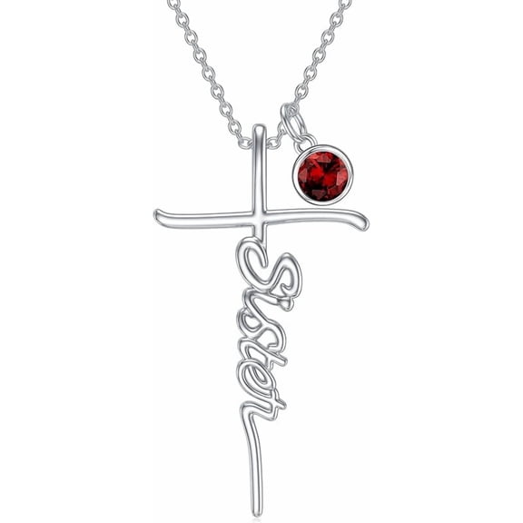 Sister Cross Necklace with Birthstone 925 Sterling Silver Birth Stone Sister Initial Pendant Necklace Cross Birthstone Jewelry Gifts for Women