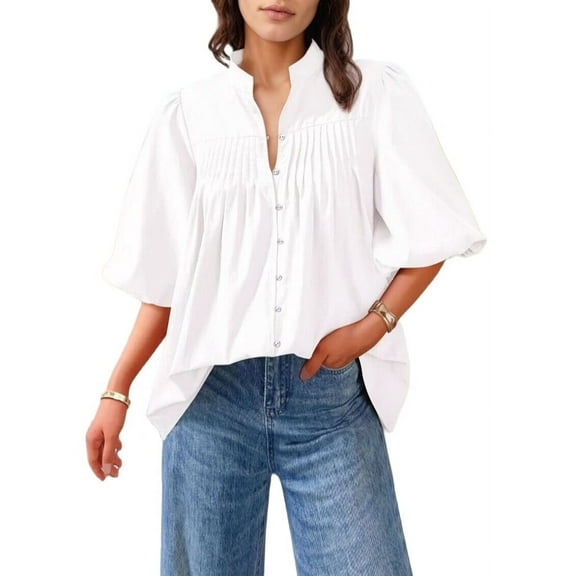 Women'S V-Neck Balloon Sleeve Top White XXL