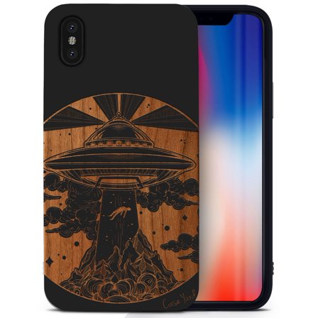 Case Yard Wooden Case for iPhone-X Soft TPU Silicone cover Slim Fit Shockproof Wood Protective Phone Cover for Girls Boys Men and Women Supports Wireless Charging Alien Spaceship Design