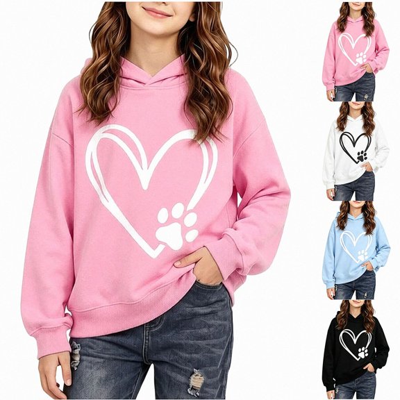ITSAME Hoodie for Girls (1-10) Long Sleeve Pullover Loose Fit Heart Print Fall Casual Comfy Hooded Sweatshirt Size 5T