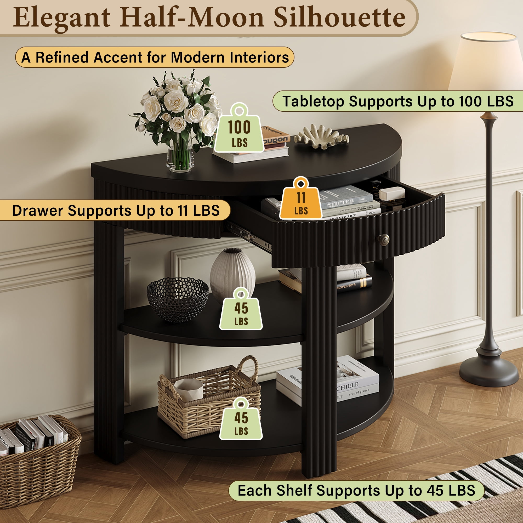 Aukfa 37" Fluted Half Moon Console Table with Drawer & Open Shelves, Entryway Accent Table for Living Room Hallway, Black