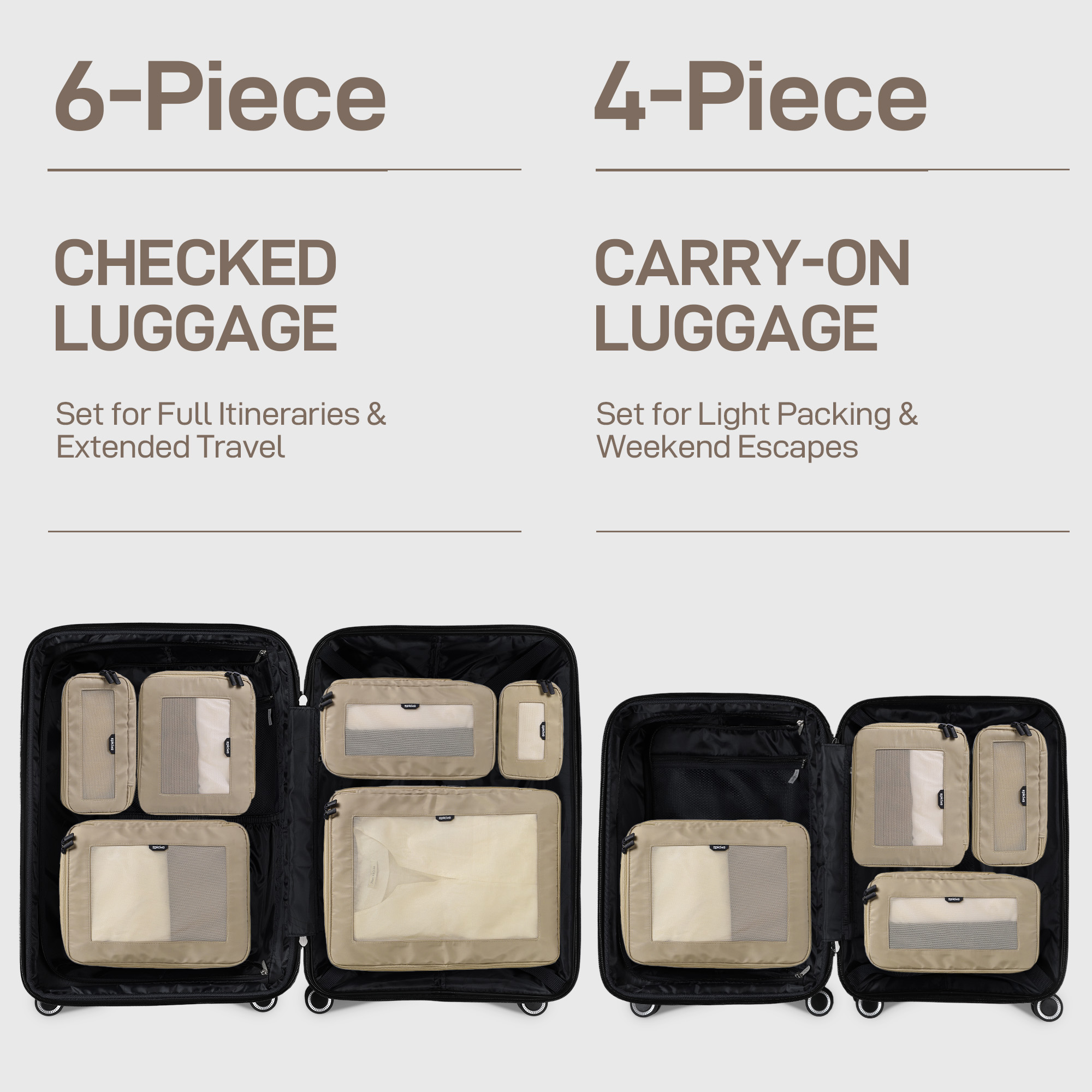 EPICKA TripCozy Compression Packing Cubes - 4 Set Durable Travel Organizer Bags with Mesh Top for Carry on (Kahki)