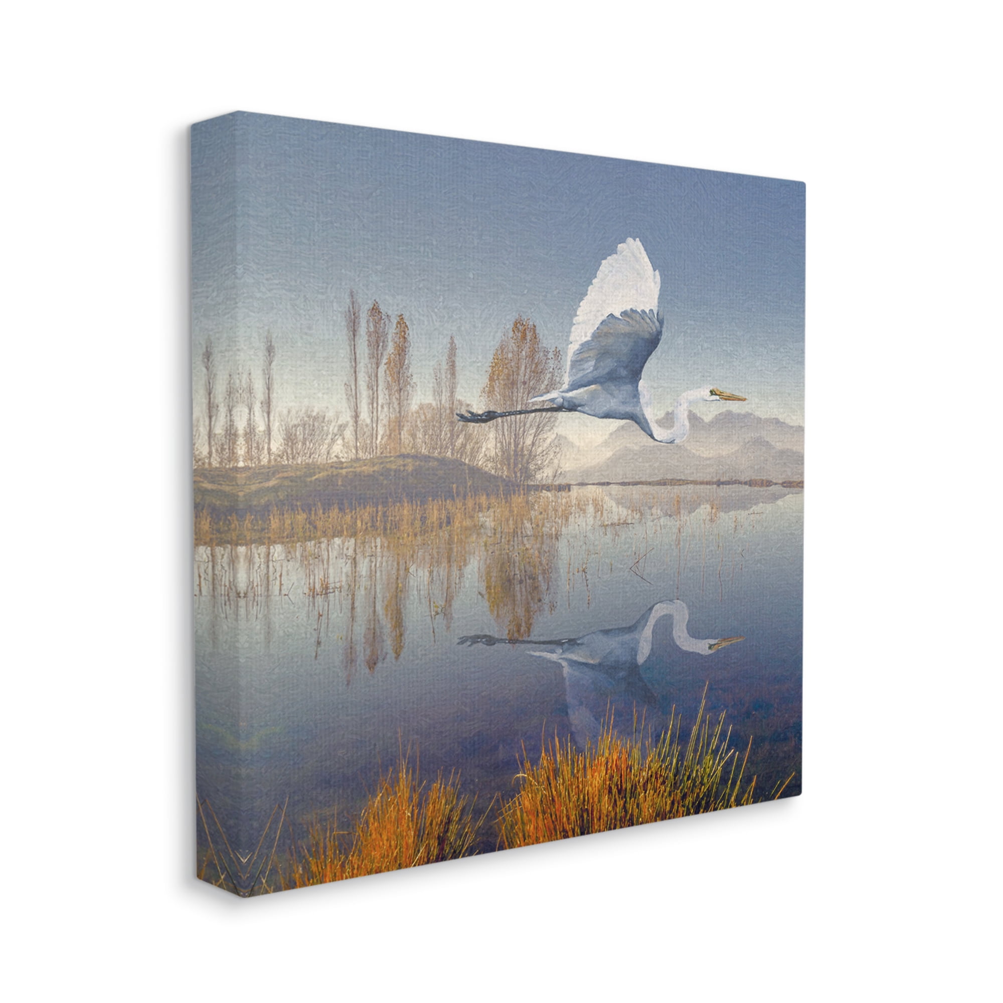 Stupell Heron Flying Lake Reflection Landscape Painting Gallery Wrapped Canvas Print Wall Art