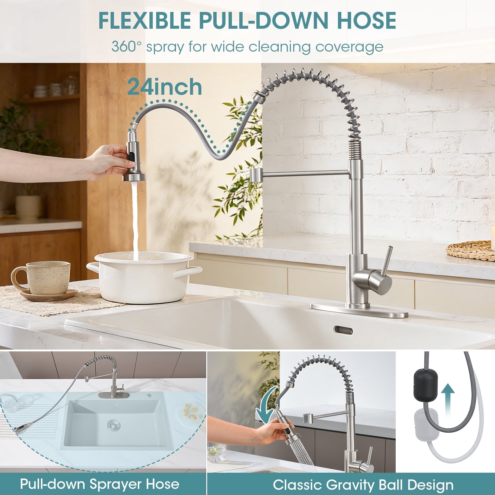 Wowkk Sanitary Ware 304 Stainless Steel Kitchen Faucet with Pull Out Sprayer, 2 Water Modes Single Handle Kitchen Sink Faucets with Deck Plate for Laundry Bar Patio Sink, Brushed Nickel