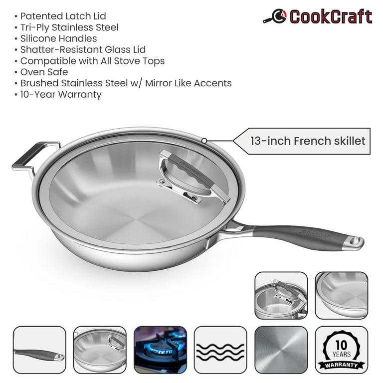 CookCraft 13-Inch French Skillet with Glass Latch Lid 