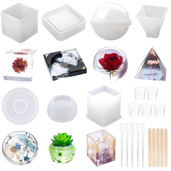 Resin Molds Silicone Kit Epoxy Resin Molds Used for Create Art DIY Ash Trays Coasters Candles Set Tools 21 Pcs
