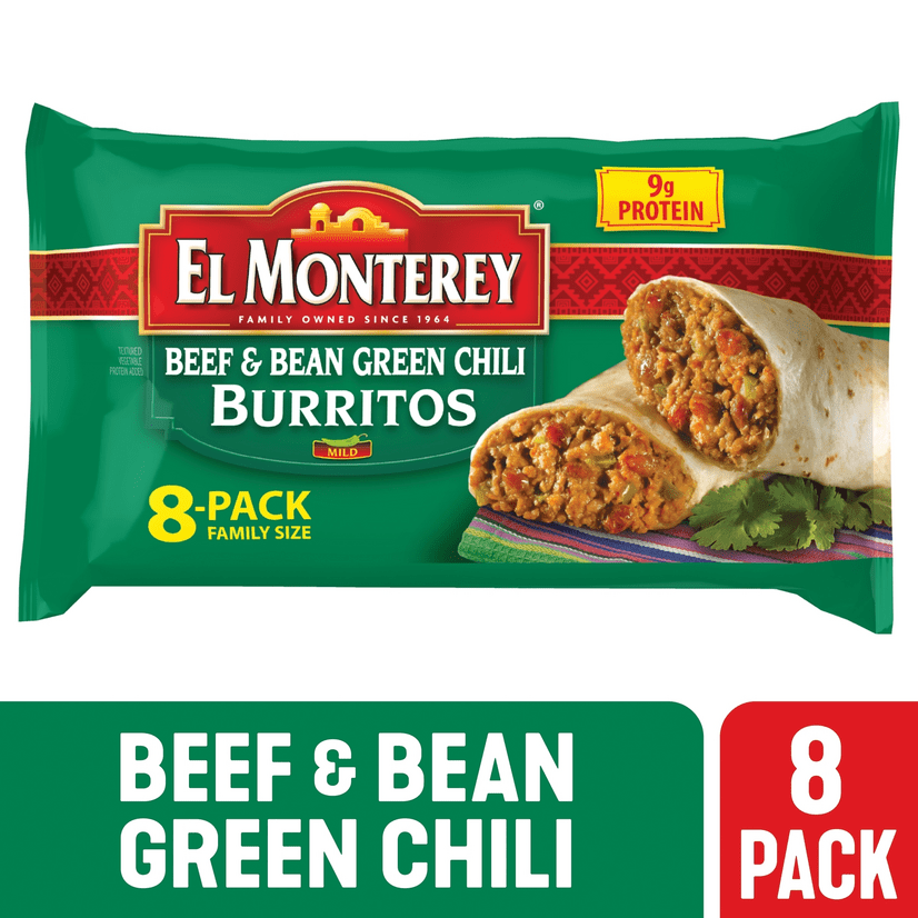 El Monterey Beef & Bean Green Chili Burritos Family Size, 4 Oz, 8 Count