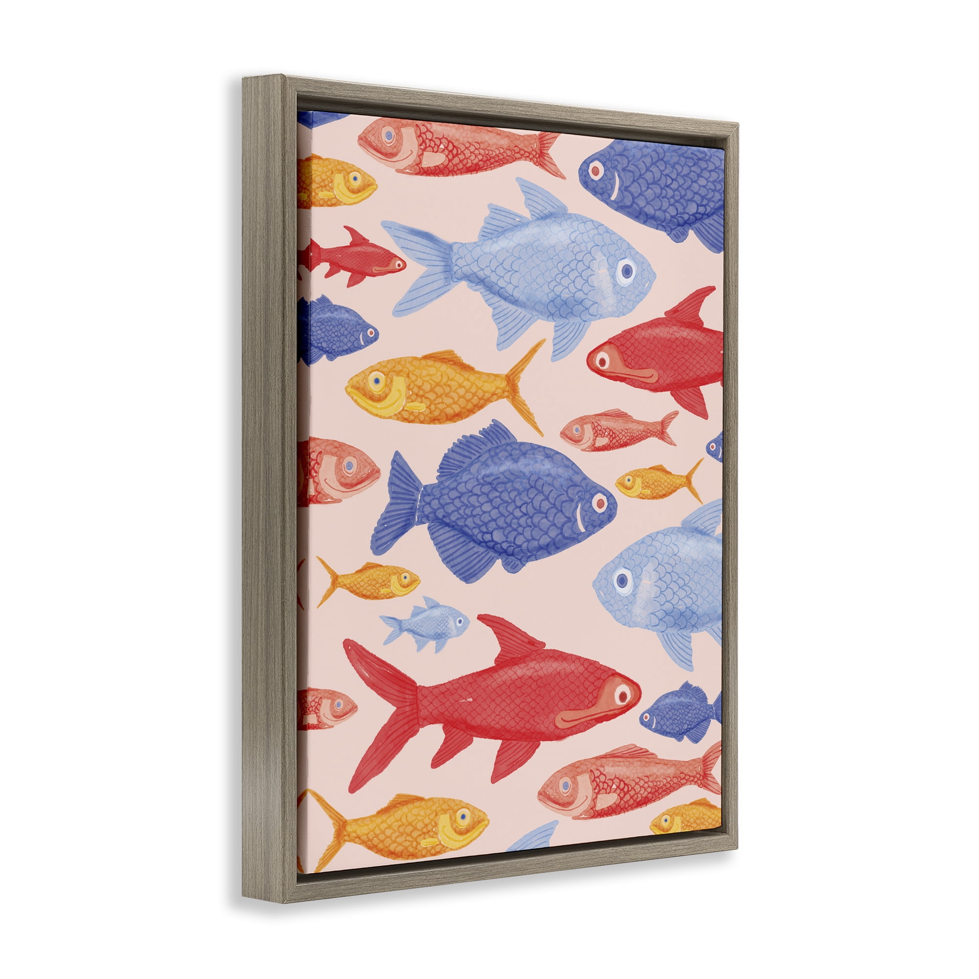 Stupell Industries Red Yellow and Blue Fish Brown Framed Floater Canvas Wall Art, design by The Paper Curator