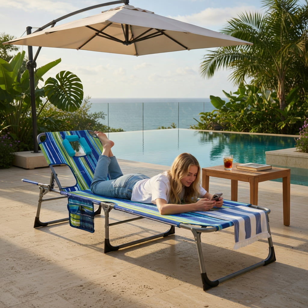 Hommoo Premium Foldable Beach Lounge Chair with Removable Pillow, Adjustable Reclining Outdoor Lounger for Beach, Pool & Patio, Blue
