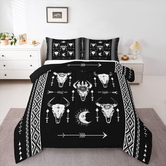 Feelyou Sheep Skull Queen Comforter Set, Hippie Aztec Bedding Comforter Set, 3pcs