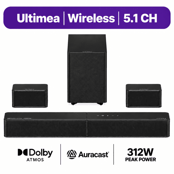 ULTIMEA 5.1CH Dolby Atmos Sound Bar for Smart TV, Surround Sound System with 5.25" Wireless Subwoofer, Home Theater Sound System, TV Soundbar, 2 Surround Speakers, App Control, Poseidon R5T