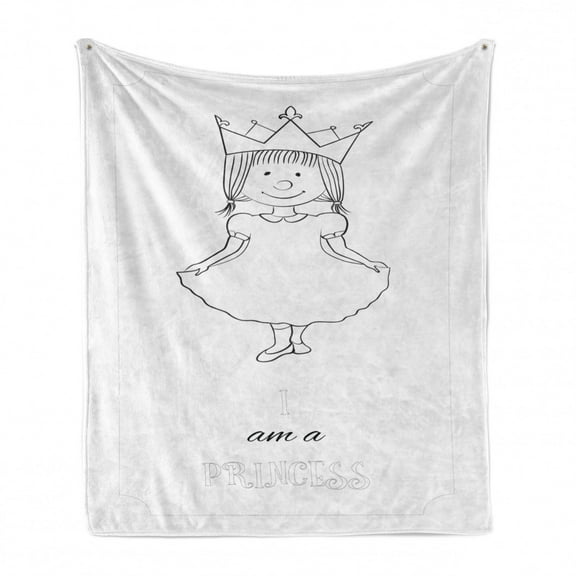 I am a Princess Soft Flannel Fleece Throw Blanket, Kids Cartoon Little Girl Fairy Dress with a Crown Childish Doodle, Cozy Plush for Indoor and Outdoor Use, 50" x 60", Black and White, by Ambesonne