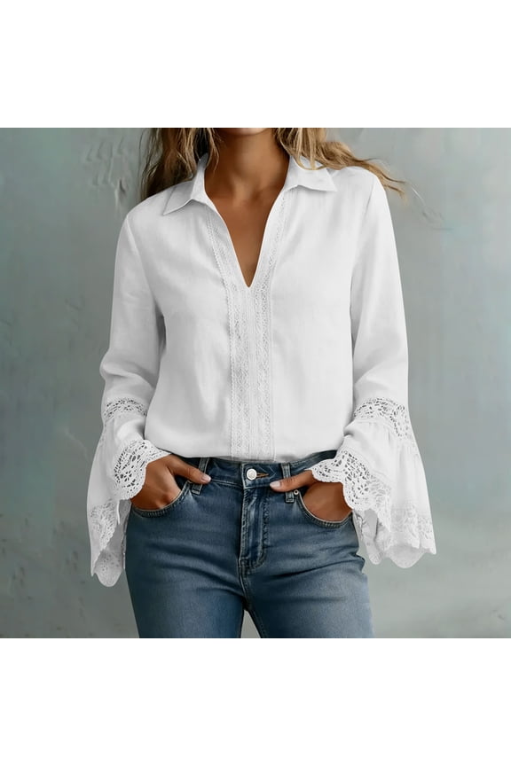 Women's Bell - Sleeve Button - Down Shirt, Long - Sleeve Blouse for Casual & Date Solid White XXL