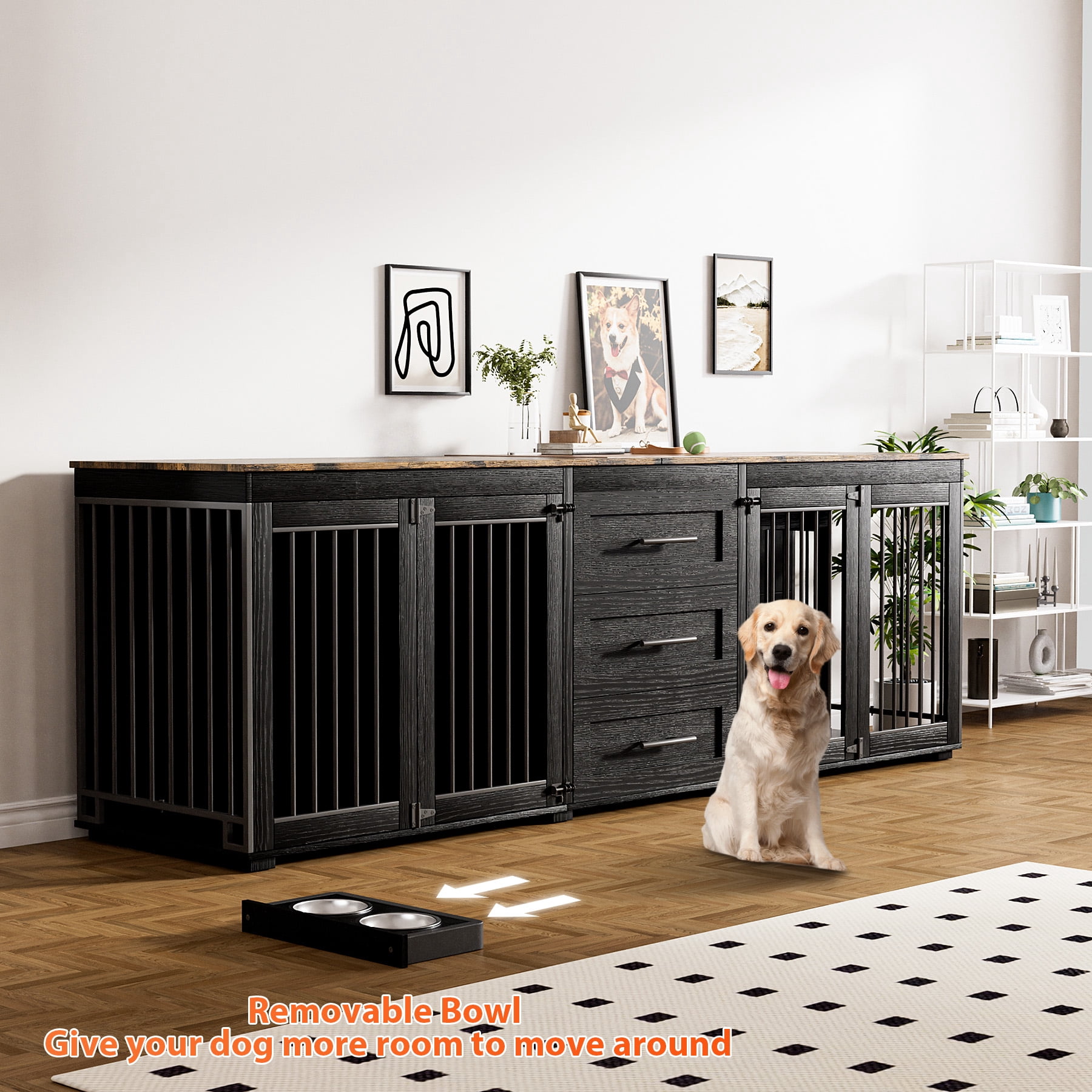 Rophefx 95.4" Dog Crate Furniture for 2 Dogs,Large Kennel with 3 Drawers and 4 Bowls,Wooden Heavy Duty Indoor Dog House,Black Brown