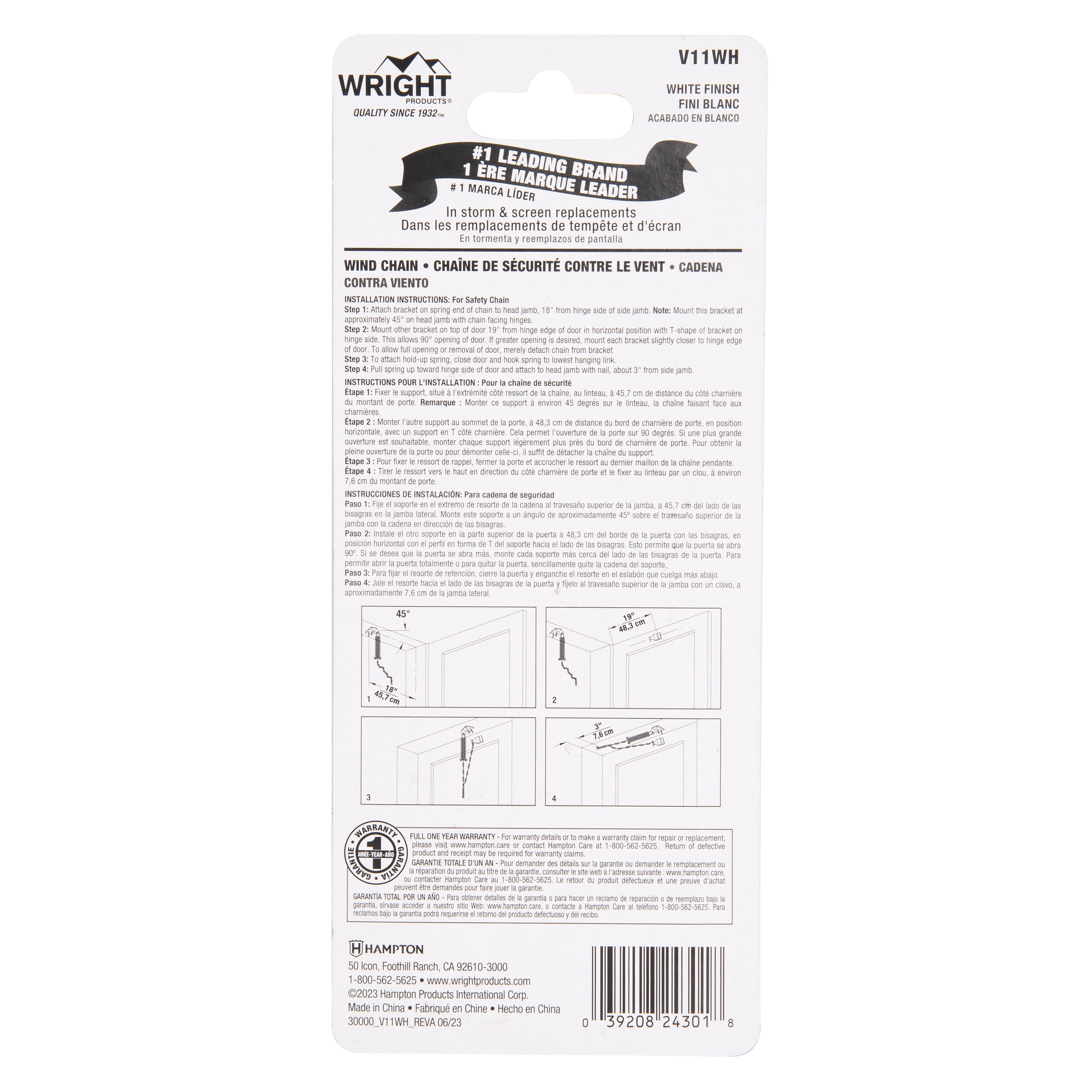 Wright Products Steel Screen and Storm Door Chain Stop, White