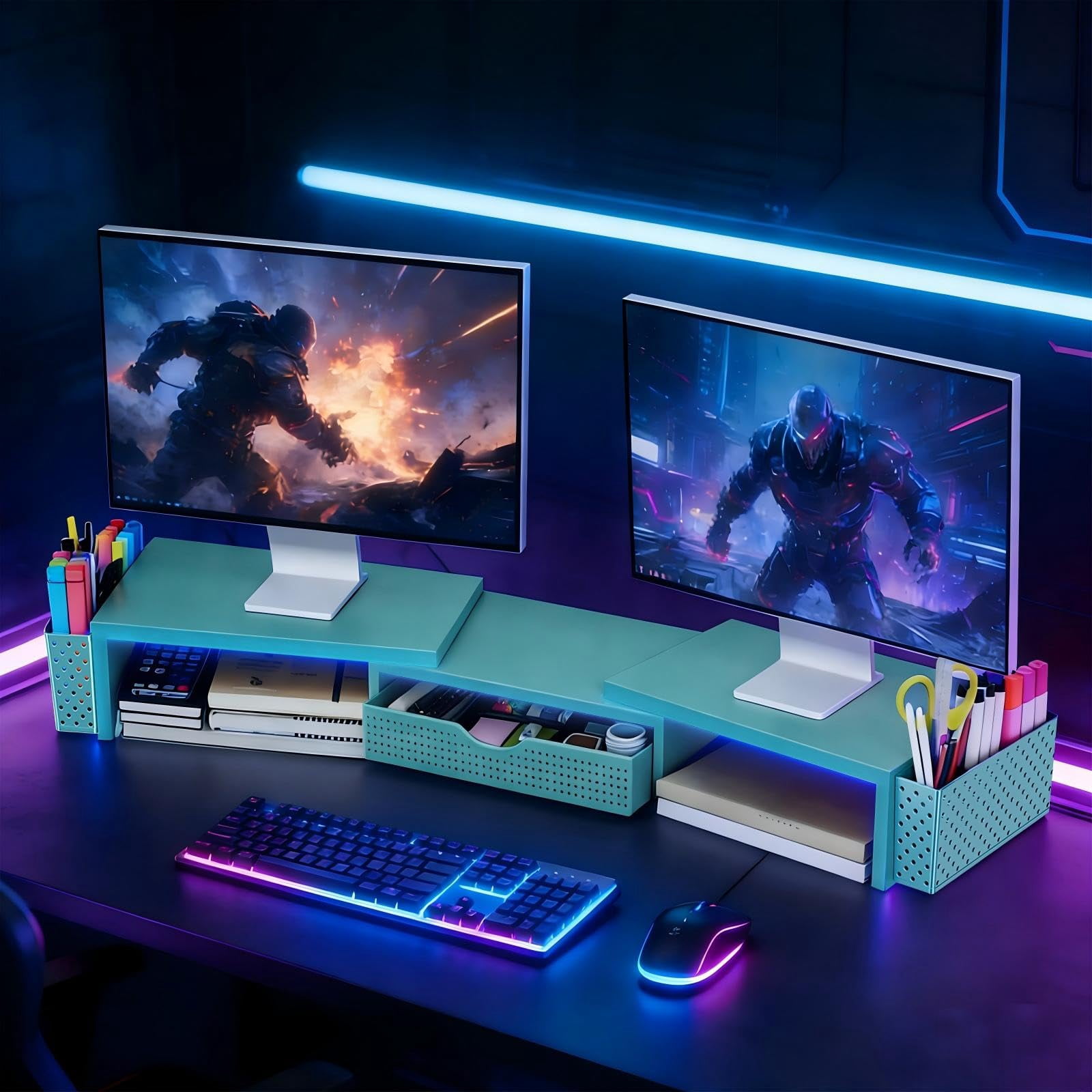 Metal Desk Organizers And Accessories  Dual Monitor Stand Riser With Drawer 2 Pen Holders & Workspace Desktop For Office Supplies (blue)