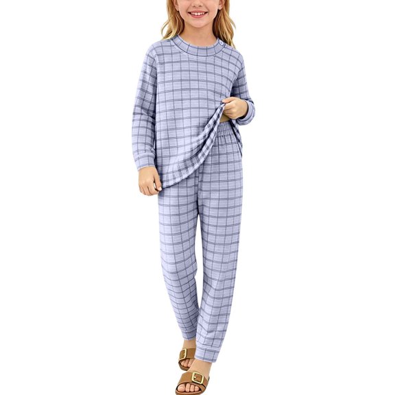Mifsaly Two Piece Pajama Set for Girls Boys Plaid Print Long Sleeve Crewneck Pullover Tops and Jogger Pants Kids Lightweight Soft Casual Sleepwear