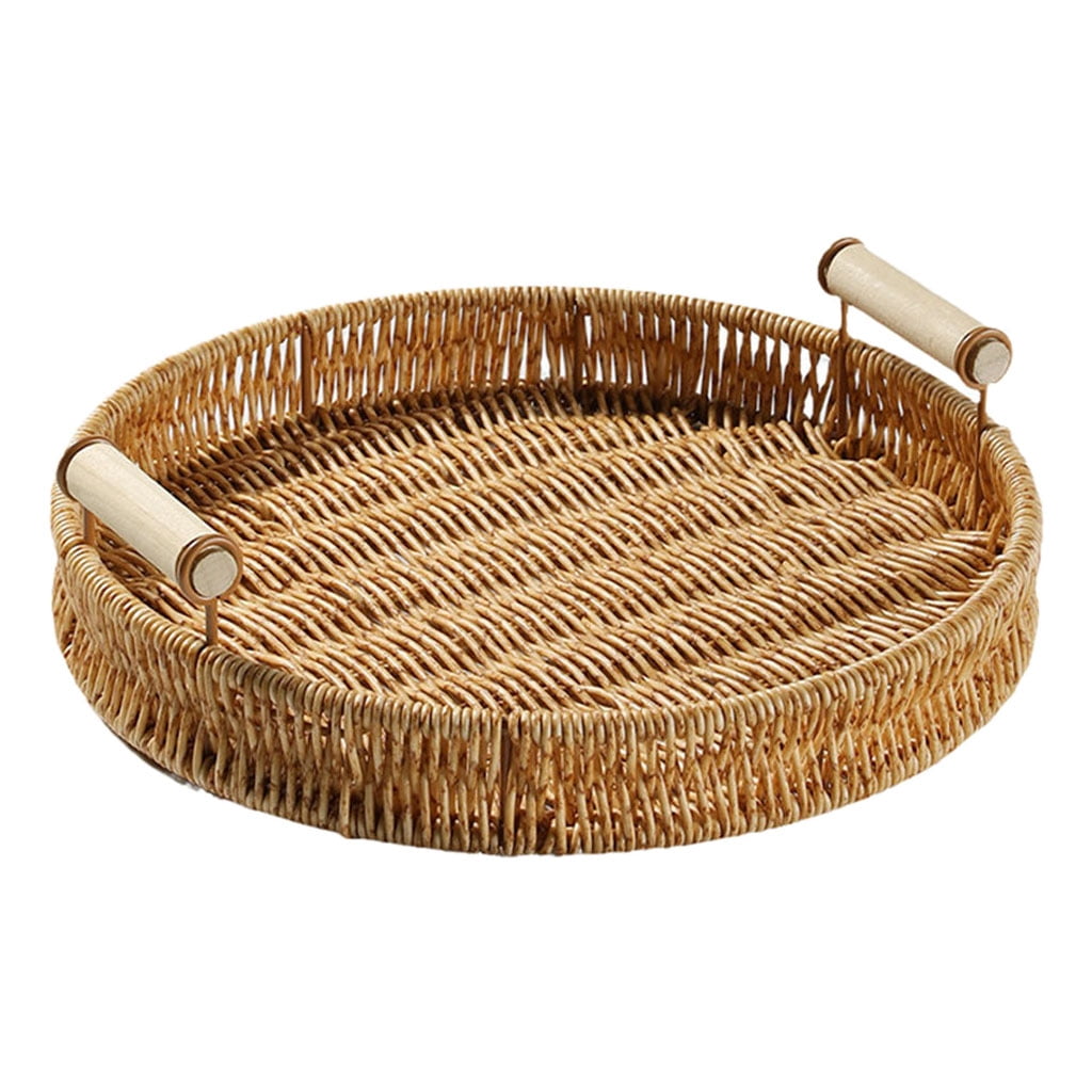 Round Rattan Bread Tray Wicker, Rattan Storage Tray with Handle for