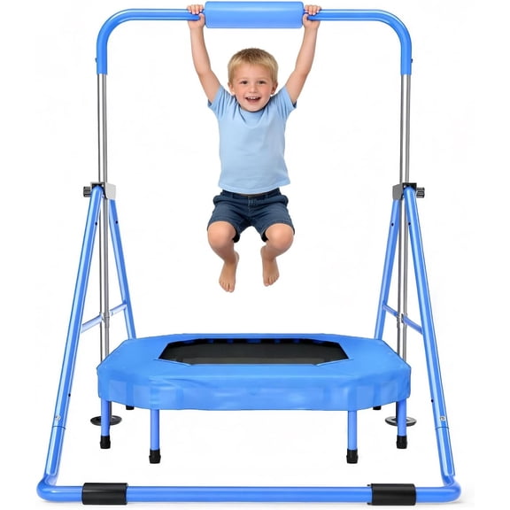 Foldable Gymnastics Bar with Trampoline for Kids Adjustable 35"-51" Sturdy 140 lbs Capacity Gymnastics Equipment Indoor/Outdoor Training