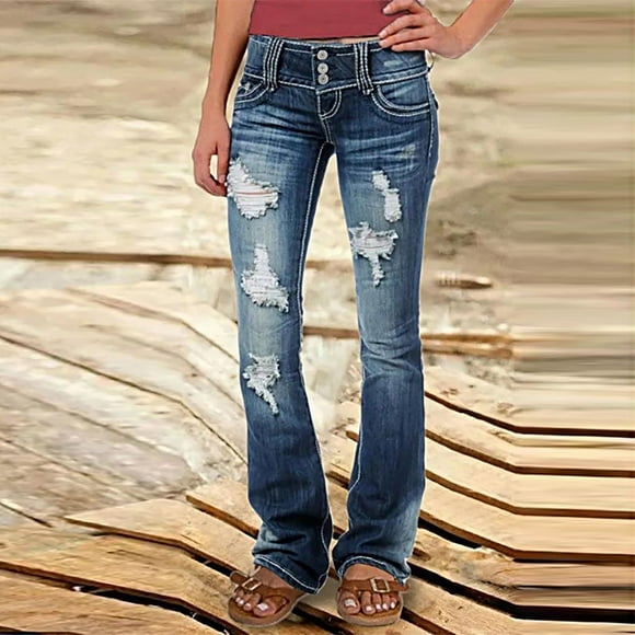 Yourumao Ripped Flare Jeans for Trendy Women Elastic Waisted Bell Bottom Jeans Slim Fit Bootcut Denim Pants with Pocket