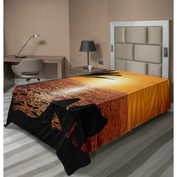 Ambesonne Retro Flat Sheet, Tropical Beach with Sunset, TwinXL Size, Orange Black