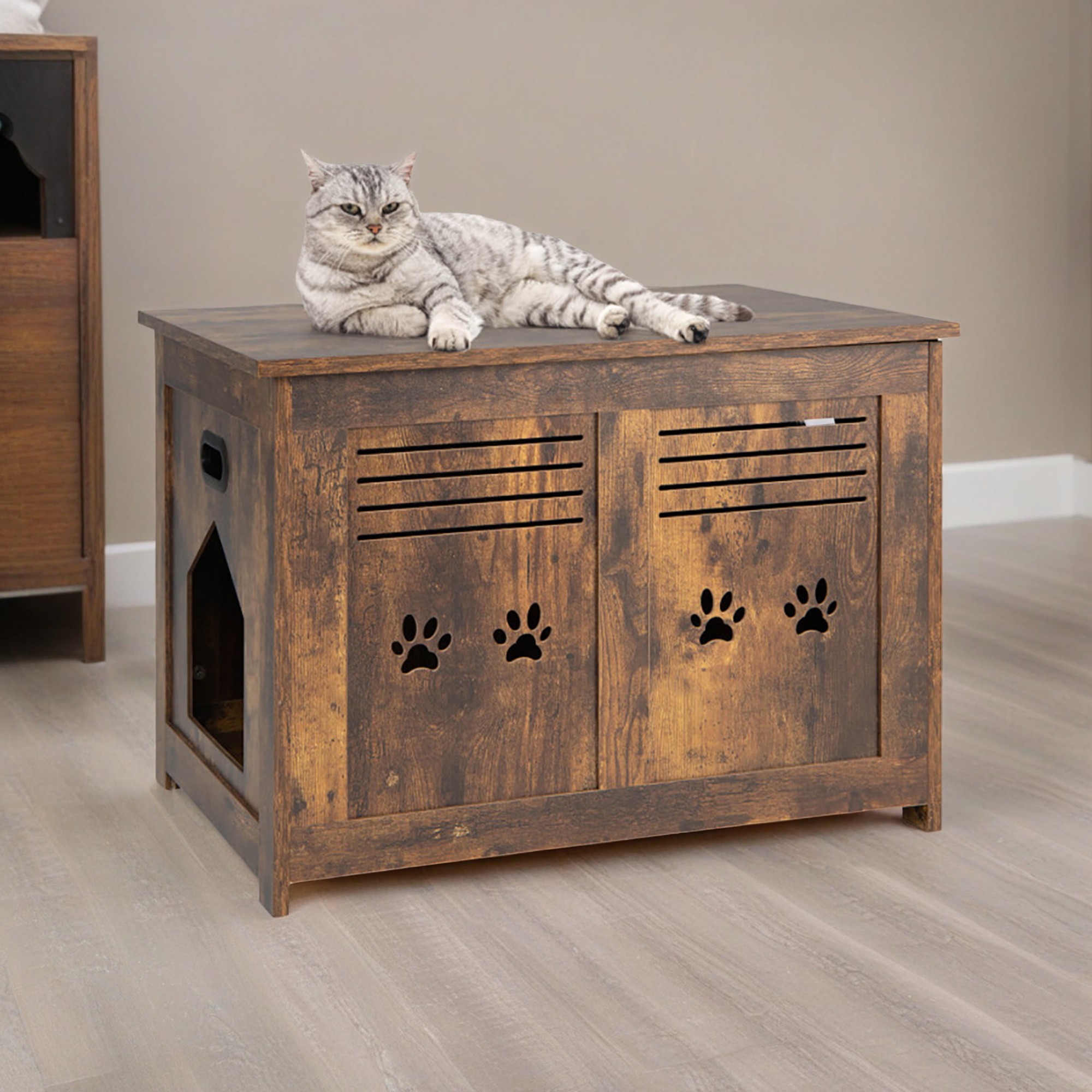 resenkos 27" Flip-Top Hidden Cat House Washroom Furniture, Wood Cat Litter Box Enclosure Cabinet with Side Entrance, Brown