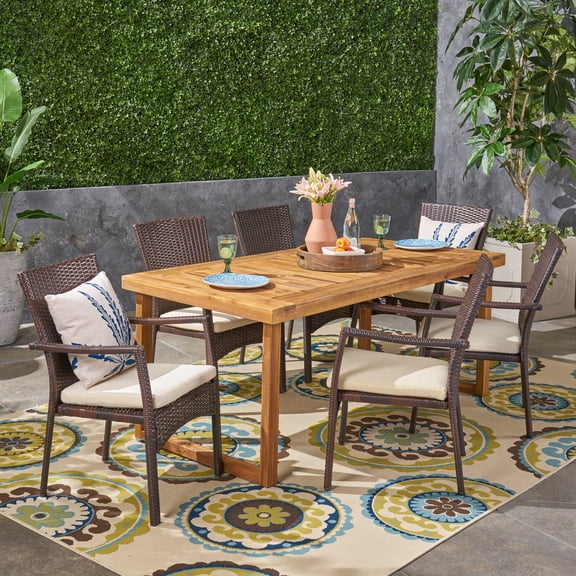 Lily Outdoor 7 Piece Acacia Wood Dining Set with Wicker Chairs and Cushions, Sandblast Natural, Multi Brown, Beige