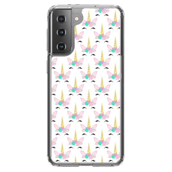 DistinctInk Clear Shockproof Hybrid Case for Galaxy S21  PLUS 5G (6.7" Screen) - TPU Bumper, Acrylic Back, Tempered Glass Screen Protector - Pastel Unicorn Pattern - White Pink Teal
