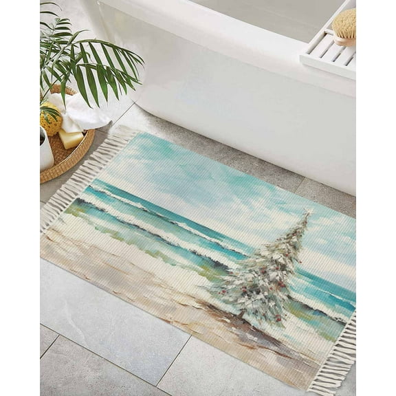 Coastal Christmas Tree Bath Rug 2x3ft Woven Bathroom Entryway Runner Rug,Modern Oil Painting Beach Xmas Tree Washable Living Room Hallway Bedroom Kitchen Carpet with Tassels,Indoor Outdoor Doormat