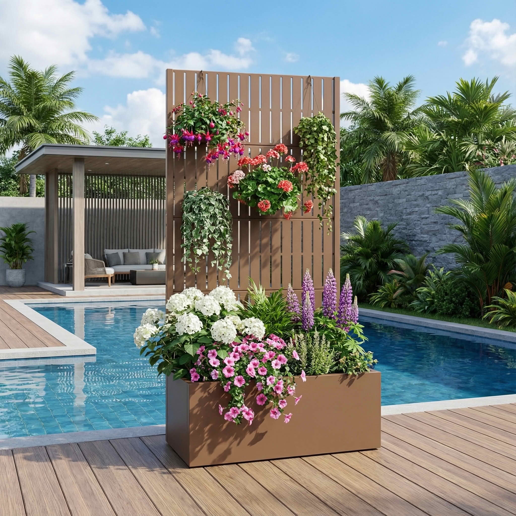 MAYEERTY 59X30" Metal Outdoor Brown Privacy Screen with Planter Box for Backyard & Garden, 4 Piece Set