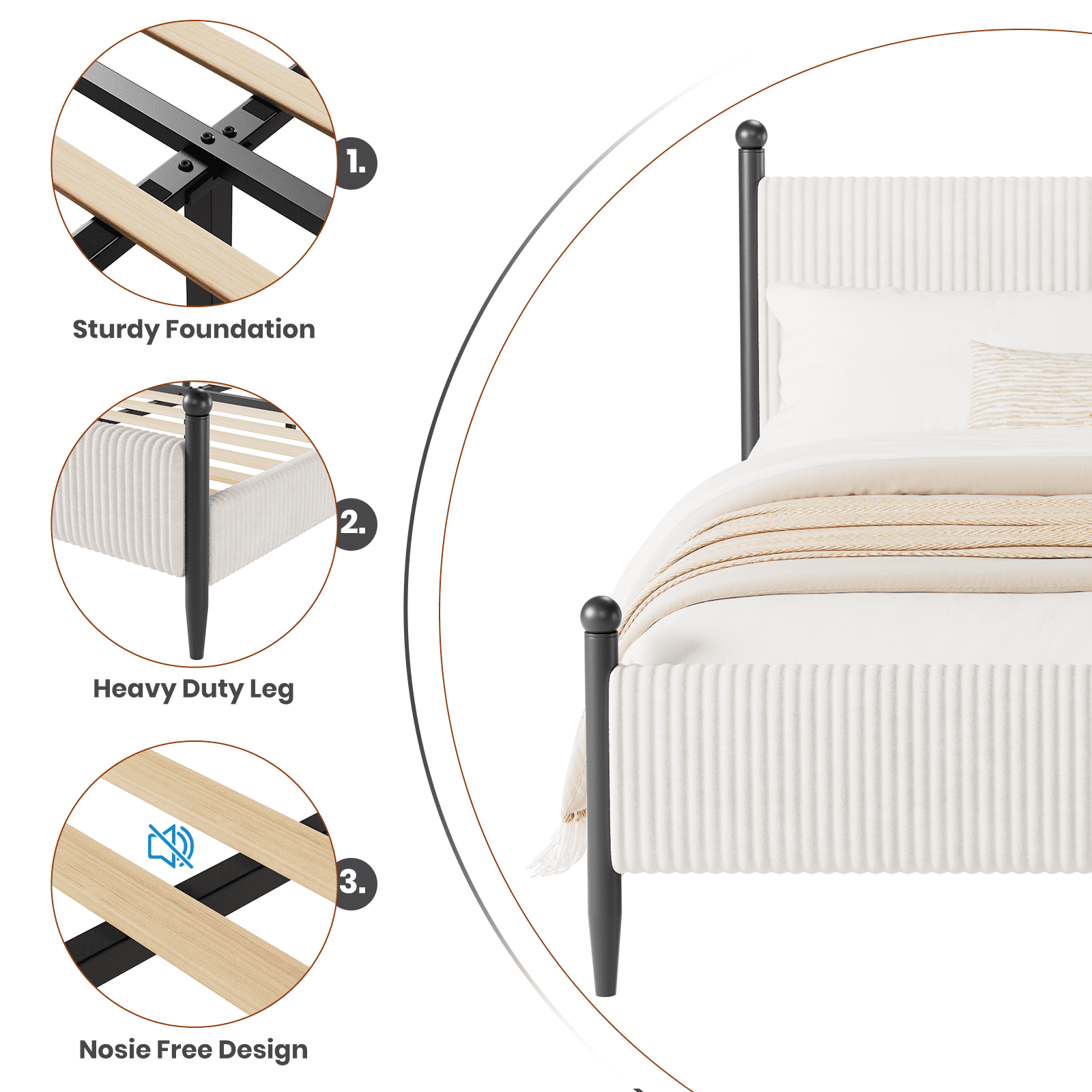 King Size Upholstered Bed Frame with Velvet Headboard, Soft Corduroy Fabric Platform Bed with Wooden Slats Support, No Box Spring Needed, White