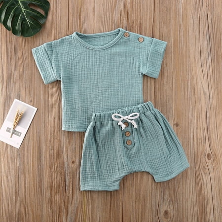 

One opening Baby Girls Summer 2-Pieces Outfit Set Solid Color Button Design Pleated Short Sleeve Loose Top Shirt