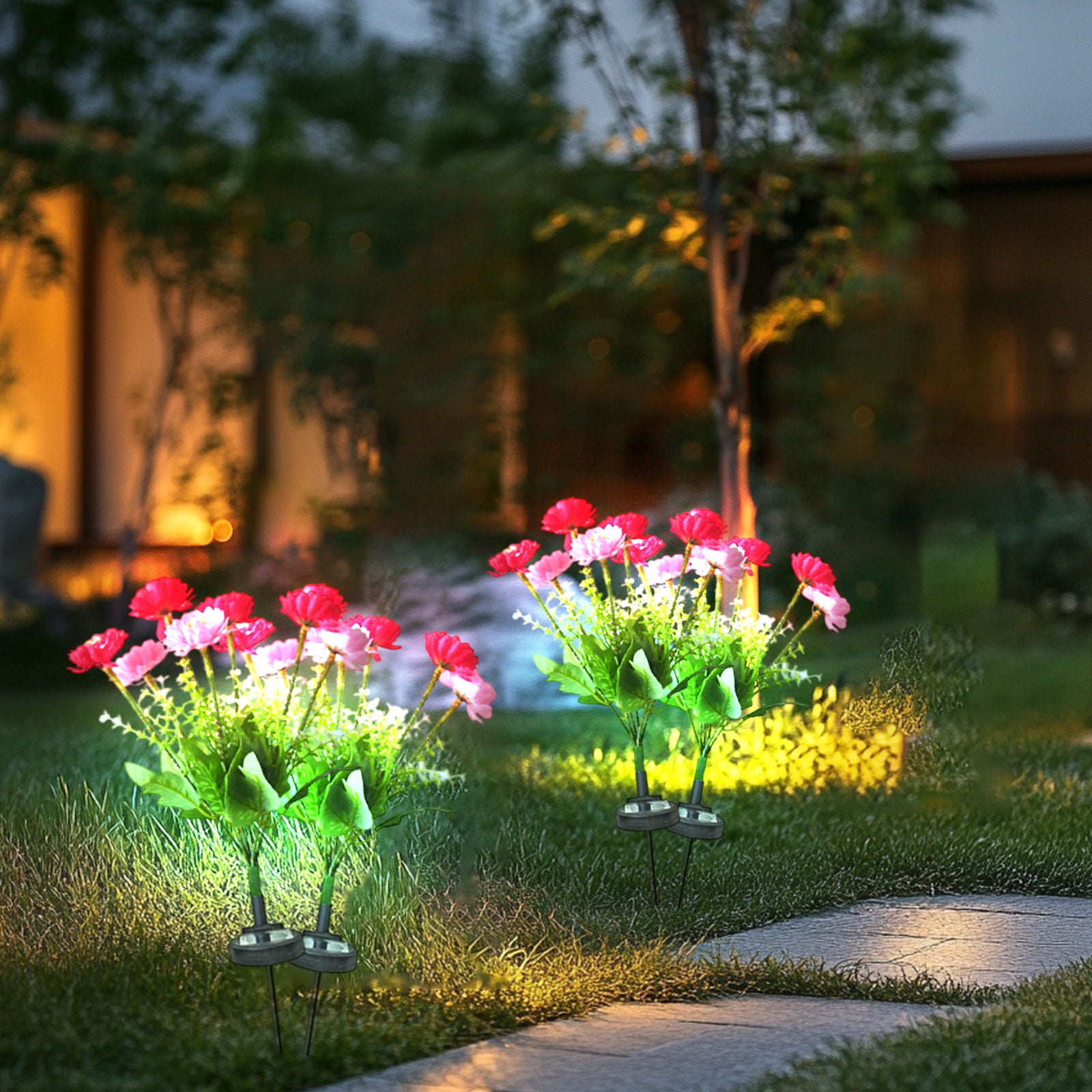 Solar Garden Lights LED Colorful Waterproof Realistic Solar Powered Snow Lotuss Landscape Lights Automatic Lighting In Darkness for Pathway Patio Yard Garden Decor (Rose red + Pink)