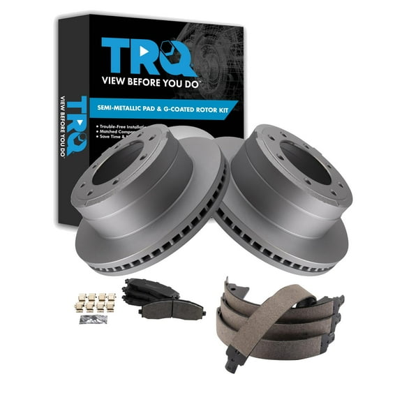 TRQ Rear Brake Pad & Rotor Kit Brake Pads Brake Rotor Parking Brake Shoe Set Semi-Metallic Premium G-Coated Fits Select 2013-2021 Ford F-250 Super Duty F-350 Super Duty