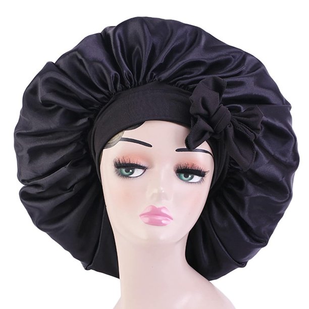 Capó de seda para el pelo, tamaño gigante para dormir, capó de satén, banda elástica para mujer, pelo largo y rizado trenzado (negro)