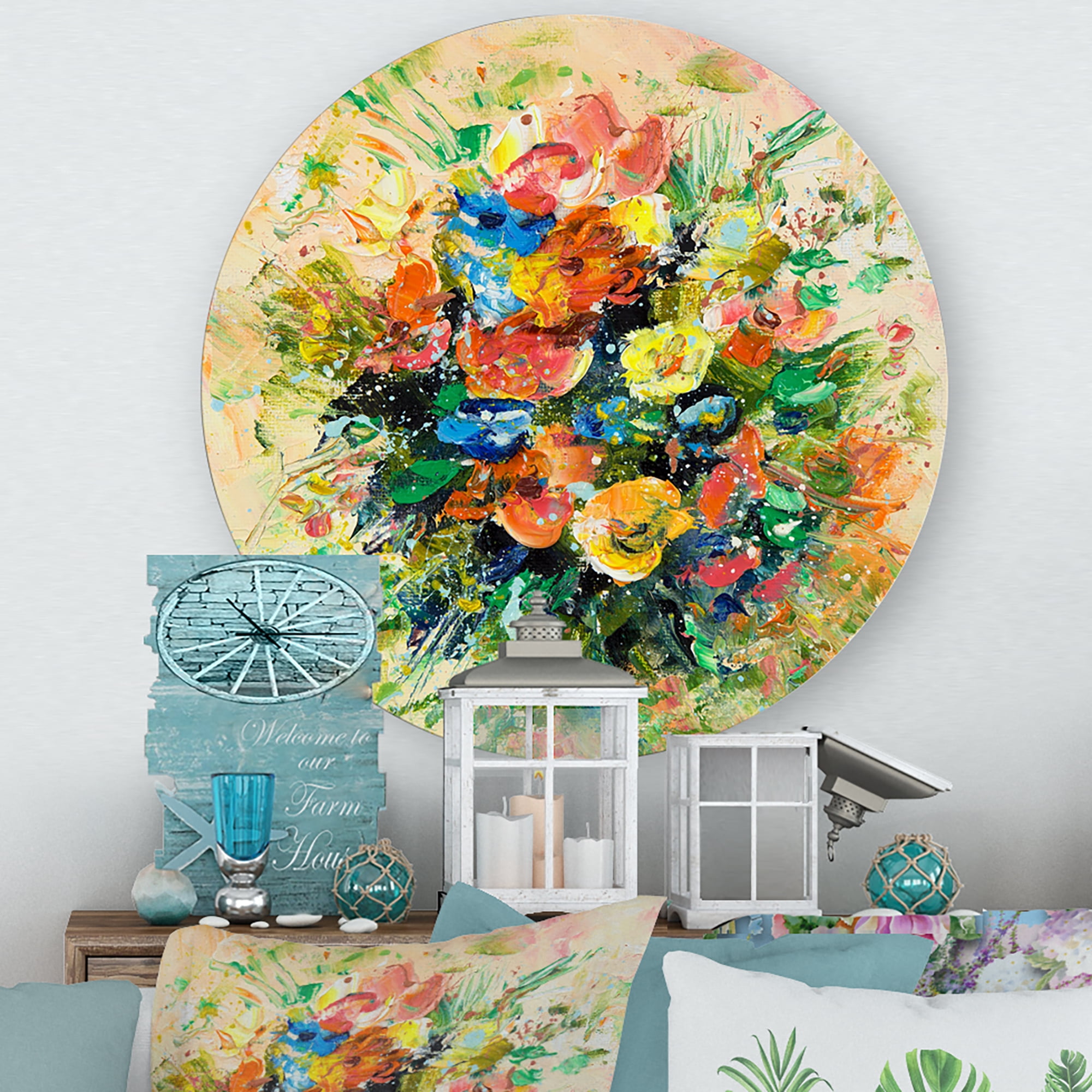 Designart 'Ancient Fresh Flowers Bouquet Of Wildflowers' Traditional Circle Metal Wall Art 23x23 - Disc of 23