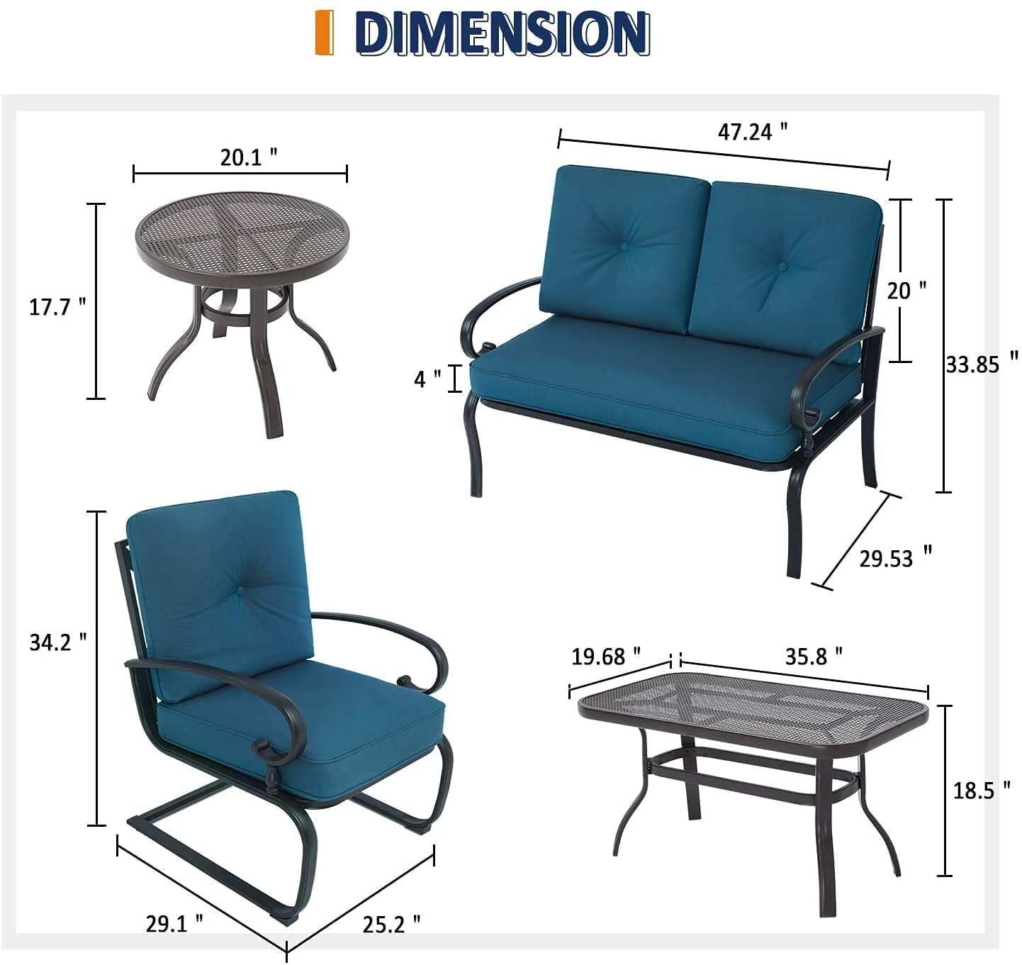 SUNCROWN 5-Piece Patio Furniture Conversation Sets with Wrought Iron Loveseat and Spring Chairs（Peacock Blue）