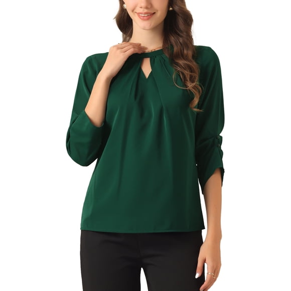 CURVOSPORT Camisa Elegante para Mujeres Top de Oficina con Abertura Clave Plisado Frontal Fruncido de Manga 3/4 Blusa de Chifón S Verde Oscuro