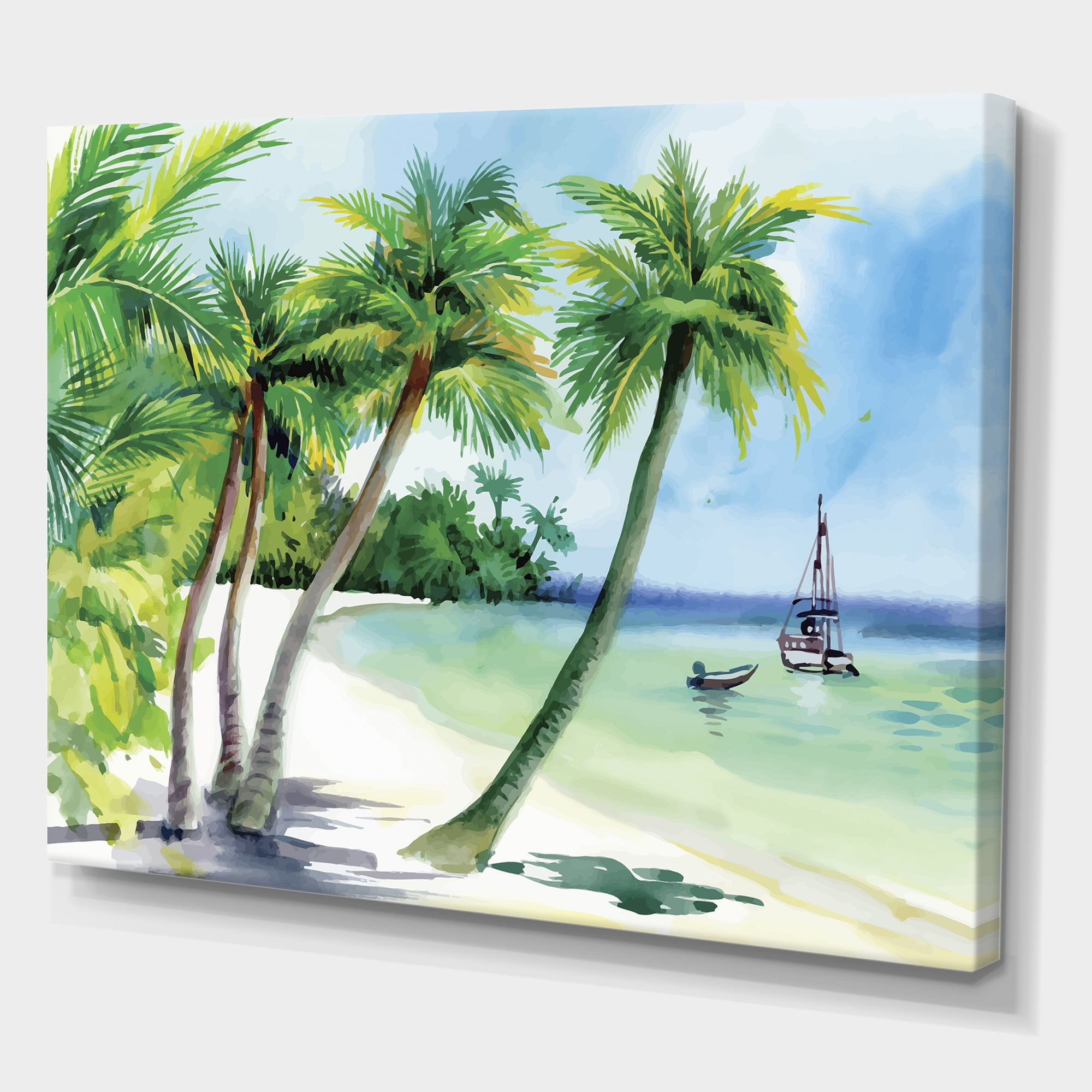 Palm Trees With Summer Beach 32 in x 16 in Painting Canvas Art Print, by Designart