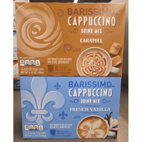 Barissimo Cappuccino Drink Mix Caramel & French Vanilla 12 Single Serve Cups 6.35oz 180g (2 Boxes)