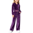 thumbnail image 6 of SHTXOZHI Velvet Outfits for Girls Cropped Long Sleeve Tops Matching Wide Leg Pants Shiny Loungewear 2 Piece Sets, 6 of 9