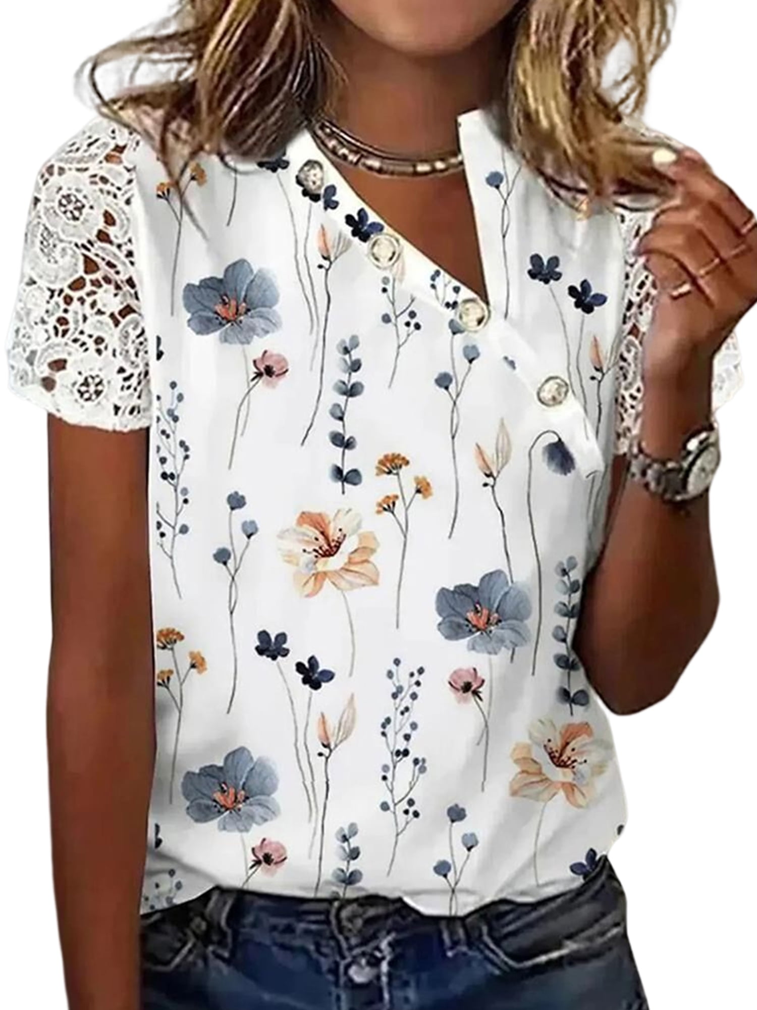 Gvmfive Women Tops Casual Short Sleeve Floral Print V Neck Shirt Blouse ...