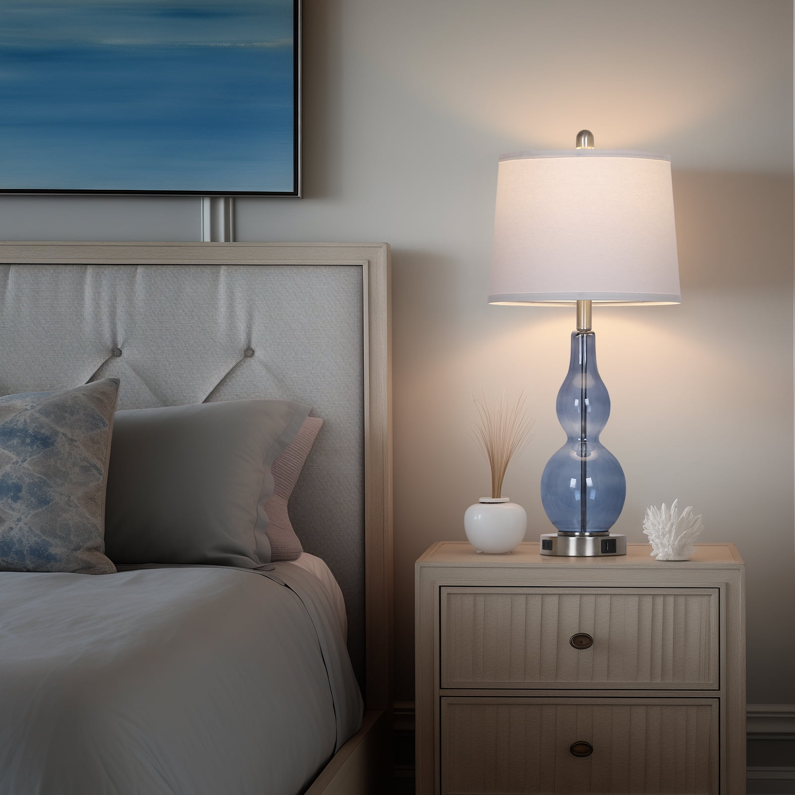 Cinkeda Coastal Table Lamps Set of 2 for Living Room Bedroom 28.5" Nautical Blue Glass Double Gourd 3 Way Dimmable Touch Control Bedside Nightstand Lamp with USB A+C Ports AC Outlet