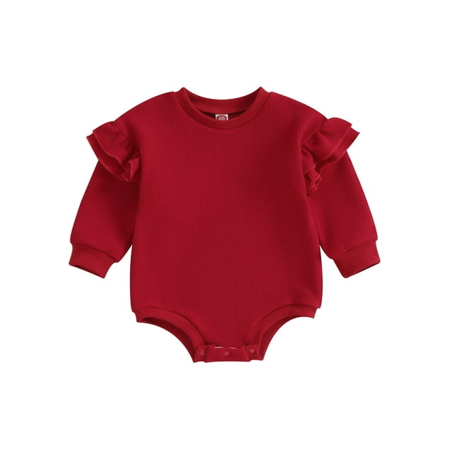 ZAXARRA Infant Baby Girl Sweatshirt Jumpsuit Solid Color Round Neck Ruffled Long Sleeve Romper Toddler Clothes