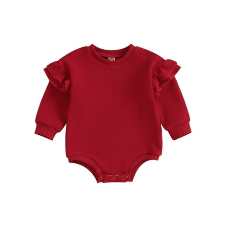 

Infant Baby Girls Sweatshirt Jumpsuit Solid Color Round Neck Ruffled Long Sleeve Romper