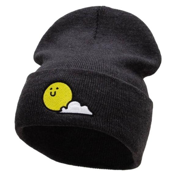 Sunny Smile Embroidered 12 Inch Long Knitted Beanie - Heather Charcoal OSFM