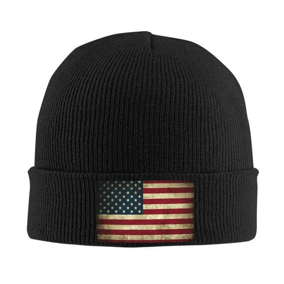 Retro Us America Flag Winter Beanie Hats for Men Women Warm Cozy Knitted Cuffed Skull Cap Black