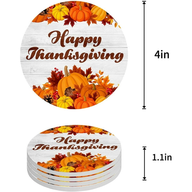 RYLABLUE Happy Thanksgiving Pumpkin and Maple Leaves Wood Grain Set of 8 Round Coaster for Drinks, Absorbent Ceramic Stone Coasters Cup Mat with Cork Base for Home Kitchen Room Coffee Table Bar Decor